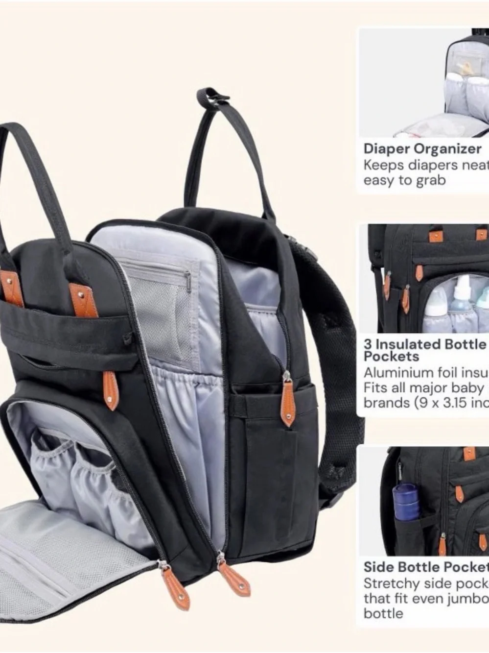 Babbleroo Black Baby Diaper Backpack Bag - Stylish Organizer